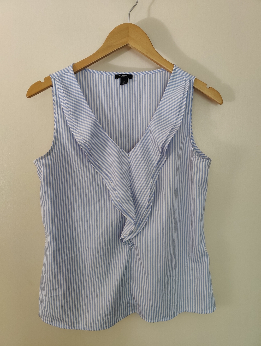 Ann Taylor Light Blue and White Striped Ruffled Sleeveless Top Shell Tank Blouse